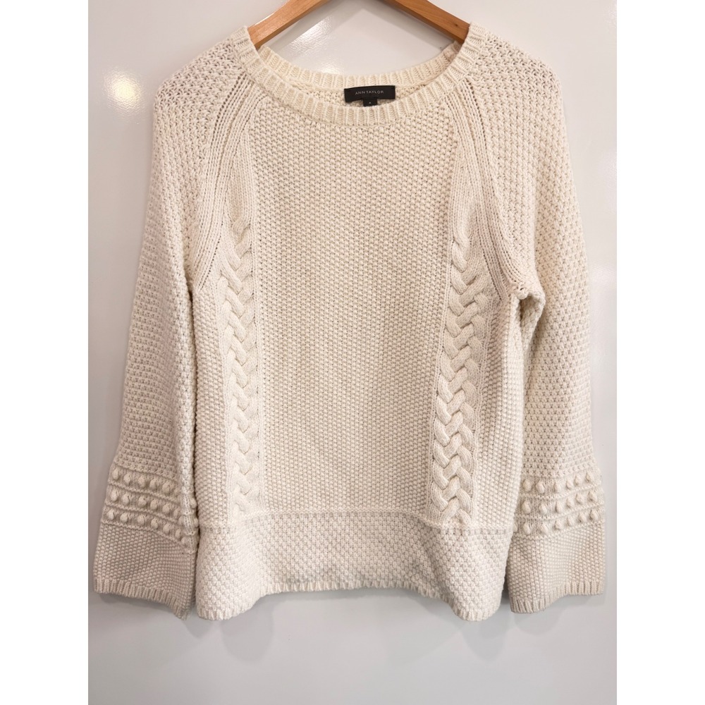 Ann Taylor Ivory Cable Knit Wool Blend Popcorn Cuff Sweater Cream Medium